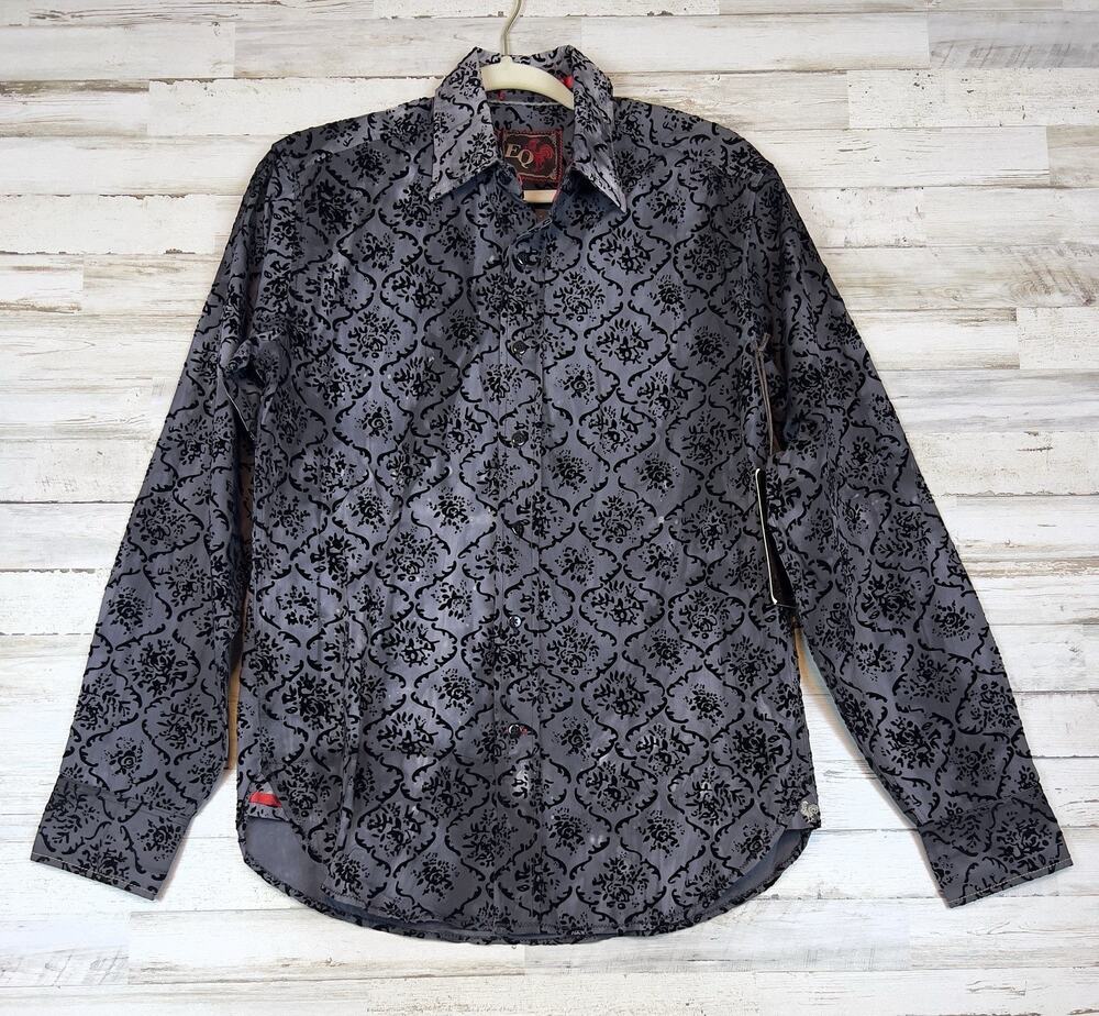 EQ Men's Button Up Shirt Small Gray Black Damask Long Sleeve Cotton NWT